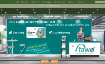Soldata 2025 Grafische Abbildung des Messestandes der faw auf der Soldata 2025. Zu sehen ist rechts eine Mitarbeiterin hinter dem Messetisch, daneben ein Aufsteller samt Prospekten. Links steht ein Tisch sowie drei Stühle.