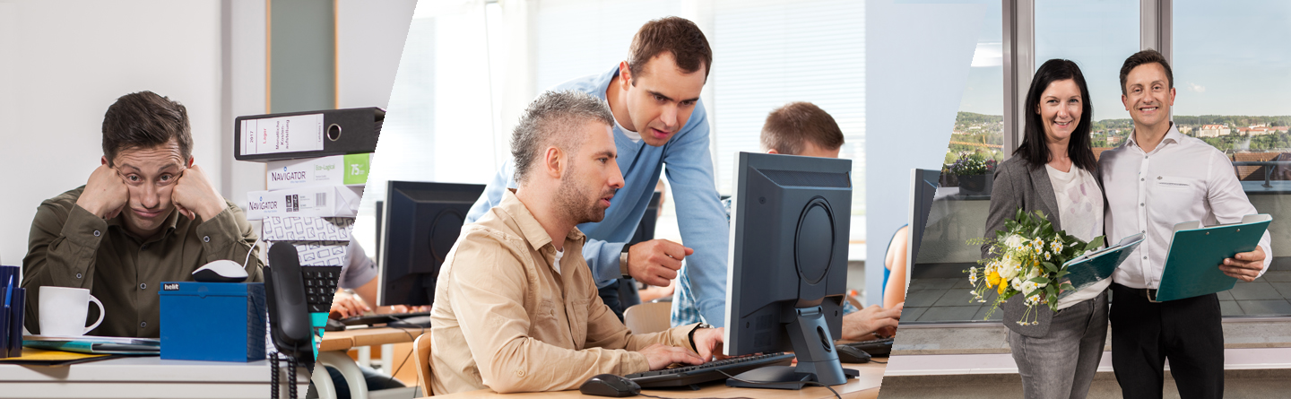 Angebote zum Thema Umschulungsbegleitung in der FAW. Ein Lernbegleiter der FAW unterstützt einen Umschüler am PC.