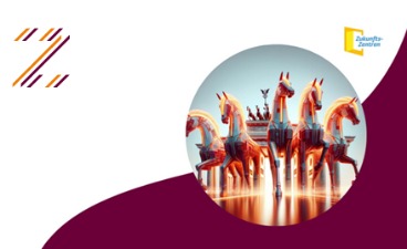 Symbolbild für den Praxistag des Zukunftszentrum Berlin: Logo und ein KI generiertes Bild der Quadriga mit fünf Pferden