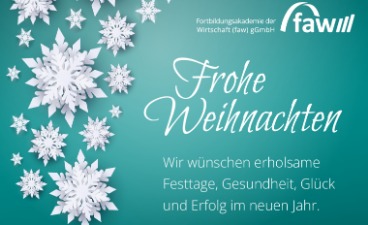 Abbildung der Weihnachtskarte der faw, türkis mit weißen Sternen am linken Rand und einem kurzen Weihnachtsgrußtext.