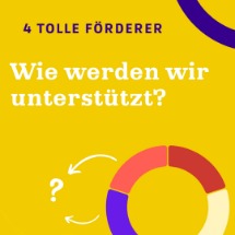 Wie werden wir unterstützt? Abbildung, die die Projektförderer ankündigt: Gelbes Bild mit dem Schriftzug: 4 tolle Förderer. Wie werden wir unterstützt?