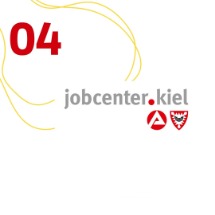 Jobcenter Kiel Abbildung: Auf weißem Grund oben links Seitenzahl 04, darunter mittig rechts Logo und Schriftzug des Jobcenter Kiel.