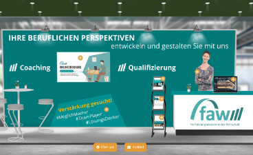 Bildhafte Darstellung des Messestandes der faw auf der Online-Messe SOLDATA. Zu sehen ist eine Messewand mit Schriftzügen, davor ein Stehtisch mit Stehhockern sowie Flyerstand, ein Tresen u. eine Person.